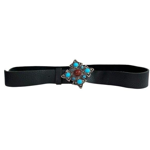 Vintage Leatherock Black Leather Belt w/ Ornate Buckle Cabochons & Crystals M/L main image 7